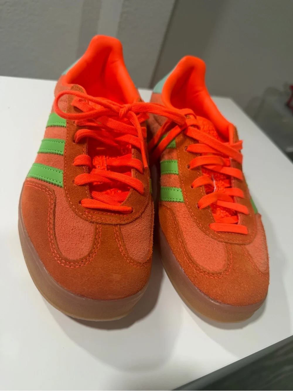 adidas Kids Bright Orange Suede Sneakers with Green Stripes